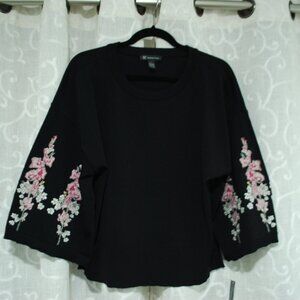 Inc International Concept Black Knit Top with Embroidered Sleeves Size L NWT